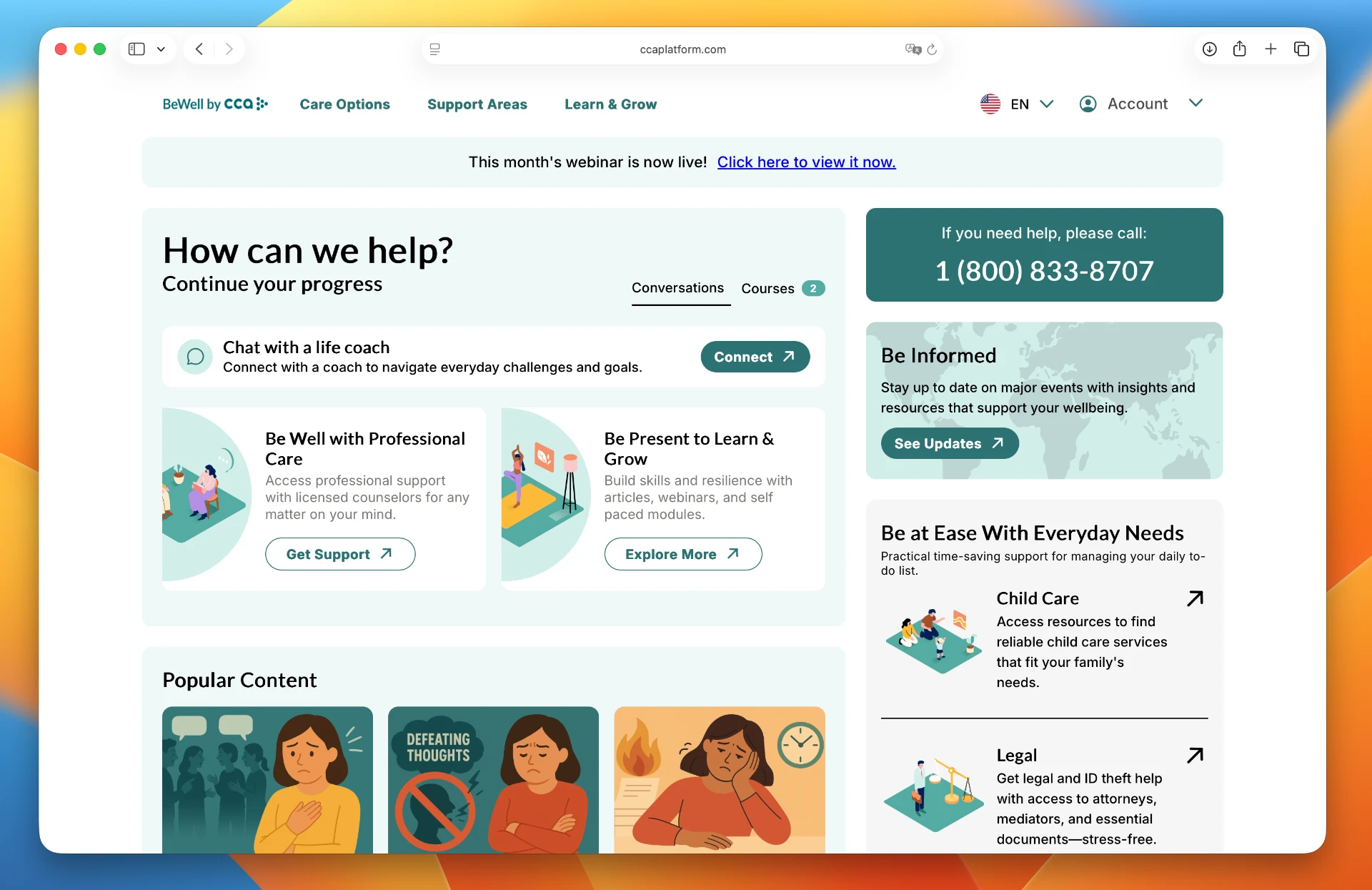 A customized CCA member portal dashboard